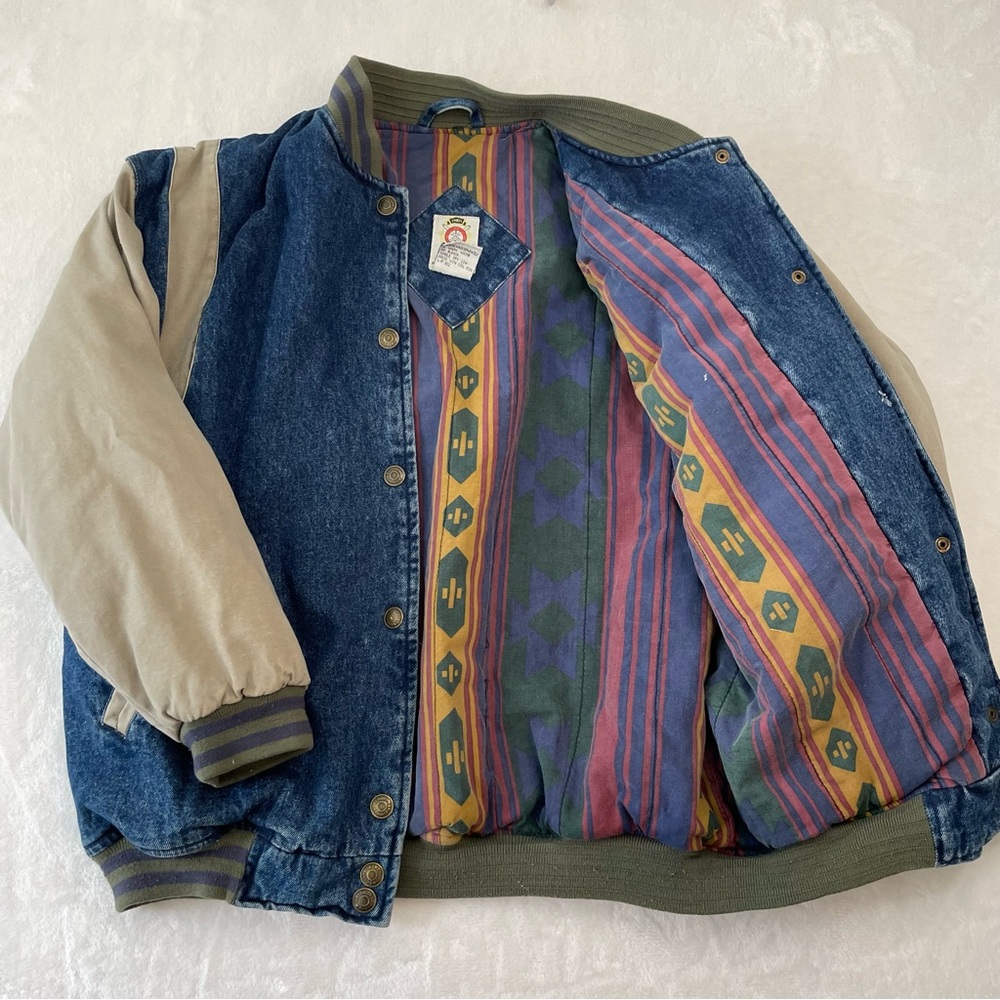 VTG Sports Club Denim Varsity Jacket Beige Sleeves Multicolor Quilted Lined Sz M